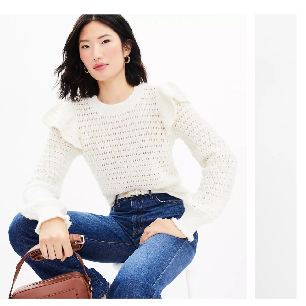 LOFT White Crew Neck Cable-Knit Sweater